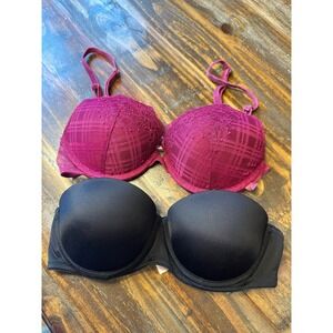 Victoria's Secret Plaid Lace Push Up Bra Burgundy Wine 32C